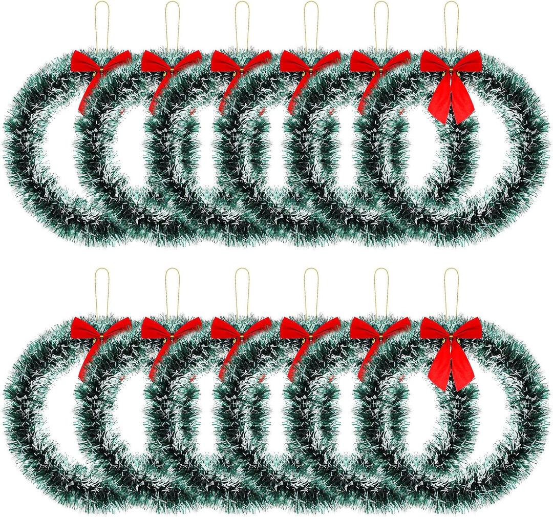 12 Inch Christmas Wreath with Red Bow Bulk Artificial Christmas Garland Creative Winter Decoration Christmas Tree Hanging Ornaments for Window Front Door Kitchen Shop Indoor Outdoor (White)