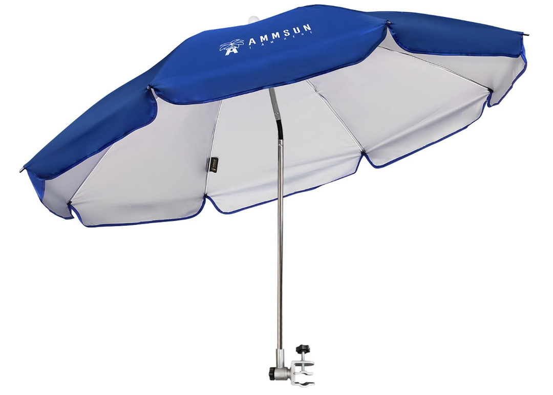 AMMSUN Chair Umbrella with Universal Clamp Adjustable 47 inches and 360° Swivel & UPF 50+ Protection Portable Sun Umbrella, Secure Clip on Camping/Beach Chairs, Stroller, Wheelchair, Golf cart, Lounger, Blue, Large-sized
