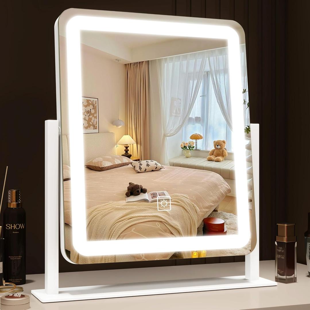 ROLOVE Lighted Makeup Mirror, Vanity Mirror with Lights for Desk Tabletop, Smart Touch with 3-Color Lighting,Dimmable, 360 Rotation, White, 13"x15"