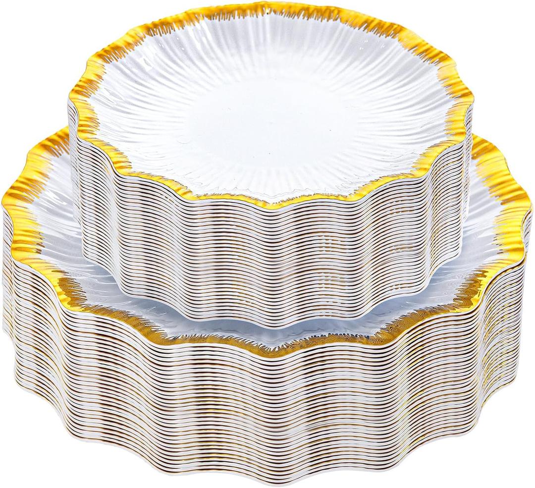 DaYammi 60Pcs White Plastic Plates with Gold Rim,Gold Disposable Plates - Heavy duty Plastic Plates Include 30 Dessert Plate,30 Dinner Plate,White gold Scalloped plates for Party Wedding