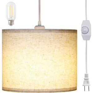 LALISU Plug in Pendant Light, Hanging Light with Plug in Cord 15Ft, On/Off Switch Pendant Lighting with Linen Shade, Hanging Lamp Fixture for Living Room, Bedroom, Kitchen, Dining Room (Beige)