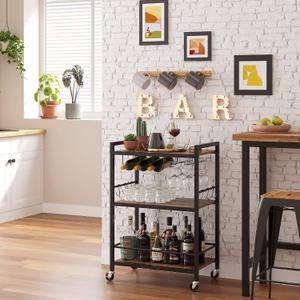 TUTOTAK Bar Cart, Serving Cart for Home, Microwave Cart, Drink Cart, Mobile Kitchen Shelf with Rack and Glass Holder, Rolling Beverage Cart BC01BB030, 13"d X 23.7"w X 32.7"h