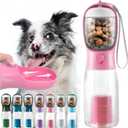 Portable Water Bottle for Dogs, 3 in 1 Pet Travel Bowl Dispenser with Food Treat Container & Poop Bag Holder, Summer Outdoor Walking Hiking Accessories for Large Dog On The Go - Pink, 20oz