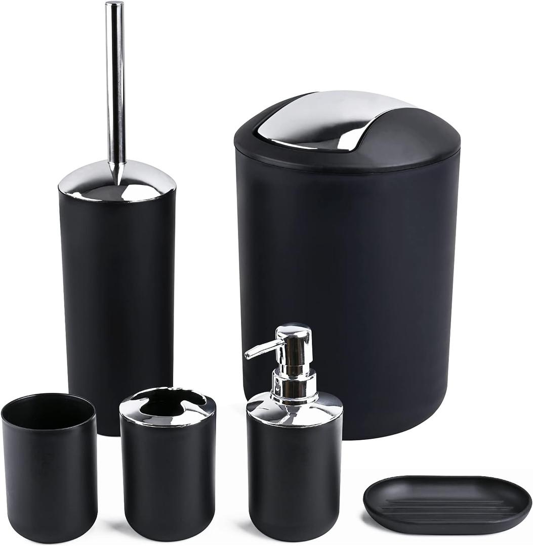 Papillon 6-Piece Bathroom Accessories Set, Toothbrush Holder with Cup, Soap Dispenser & Dish, Toilet Brush, Can, Tumbler Set (Black)