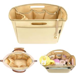 Dadanism Purse Organizer Insert with Cup Holder for Longchamp Le Pliage | Handbag Tote Organizer Insert with Multi-pocket, Zipper Pocket, Handle, Tote Shaper with Cup Holder & Keychain, Beige