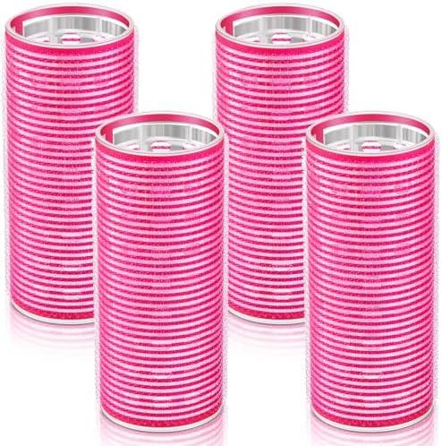 WILLBOND 4 Pcs Long Hair Rollers for Bangs Aluminum Core Curlers Thermal Self Grip Roller for Long and Medium Hair Women Hairstyle(4.7 x 2 Inch,Rose Red)