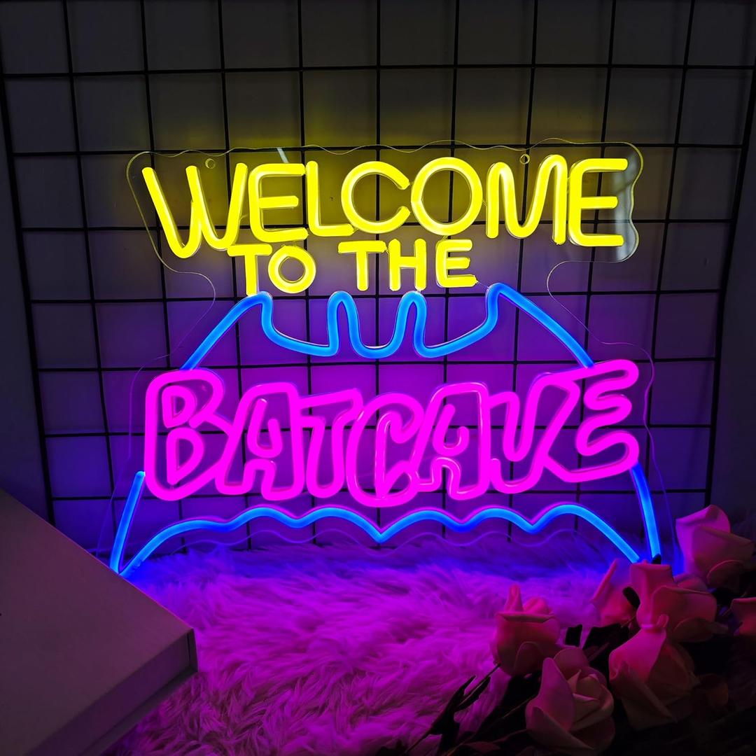 Welcome Bat Neon Sign Bat Night Light Man Cave Decor Bar Decor Neon Sign for Bedroom, Home Bar, Store, Club, Bistro, Party, Christmas Gifts for Adults Holiday Gift