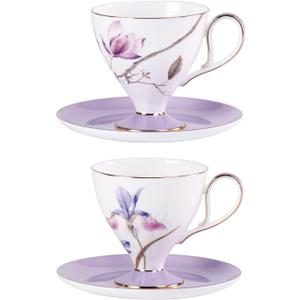 KAMMAK Ceramic Coffee Cups Saucers Set of 2, Porcelain Espresso Cups with Saucers, 8.12 oz Handcrafted Elegant Bone China Tea Cups, Purple Hibiscus & Iris Flower Pattern Teacup for Party, Office, Gift