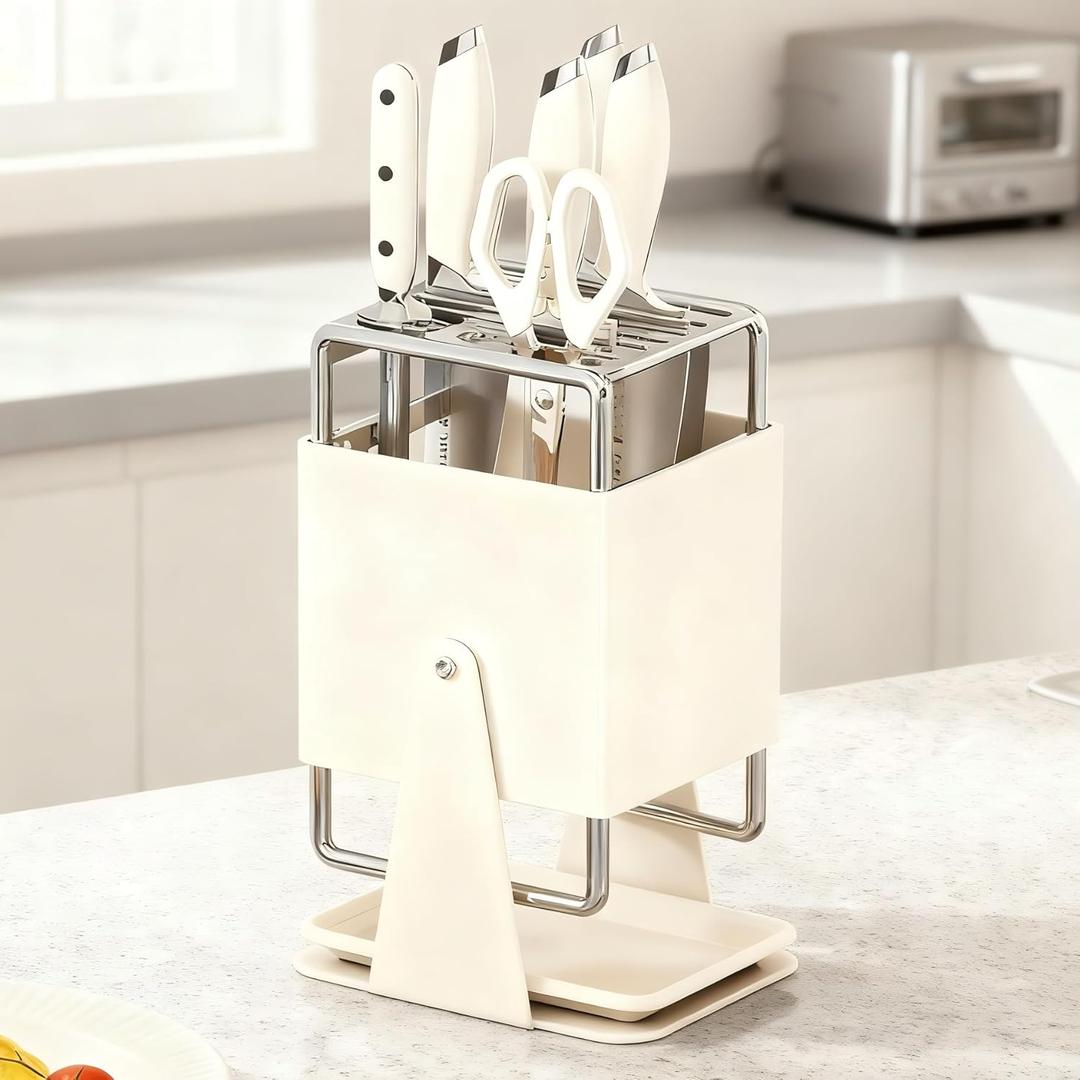 Universal Knife Block Holder Without Knives, Knife storage with Slots for Scissors and Sharpening Rod, Knife Holder Storage for Countertop, Stainless kitchen Knife Holder for Easy Clean (Cream)