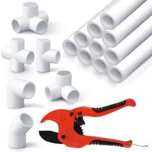 Tellegloww 10 Pcs 1/2 Inch x 3 ft PVC Pipe with 42 Pcs PVC Pipe Fittings Elbow Set and 1 Cutter White DIY Projects Connection Tee for Home, Greenhouse, Farm, Workshop, Garden