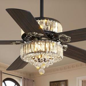 52 Inch Crystal Fandelier Ceiling Fan with Light, Farmhouse Ceiling Fan Chandelier with 6 Speeds, Quiet Reversible Noiseless DC Motor, 3CCT, Indoor Ceiling Fans for Living Room Bedroom