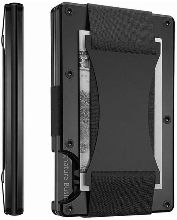 Leatherboss Slim Wallets for Mens Metal Wallet with Cash Strap Thin Minimalist Aluminum Credit Card Holder (Midnight Black)