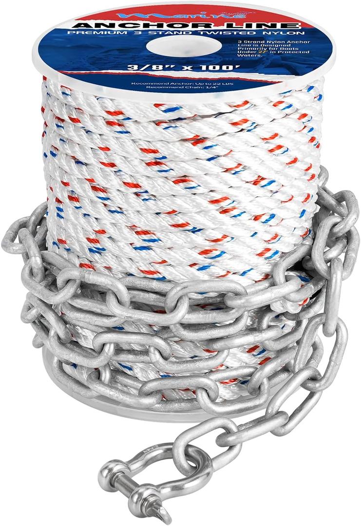 MARINE SYSTEM Anchor Line 3/8 Inch 50 FT 100 FT 150 FT Nylon 3 Strand Anchor Rope with 1/4inch x 6.6ft Galvanized Anchor Chain (3/8 Inch x 100 Ft)