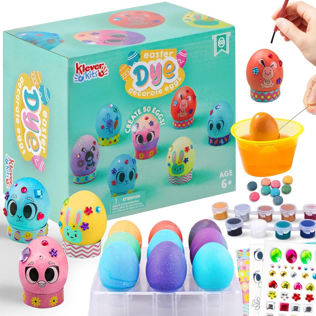 Klever Kits 47 Pcs Easter Egg Dye Decorating Kit Gift with Painting Crafts, Stickers for Kids Boys Girls Easter Creativity Activity, Party Decor, Party Favor
