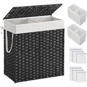 SONGMICS Laundry Hamper with Lid, 110L Clothes Hamper with 2 Removable Liner Bags, 6 Mesh Bags, Wicker Laundry Basket, Double Laundry Hamper for Laundry Room, 13 x 22.4 x 23.6 Inches Black ULCB52BK