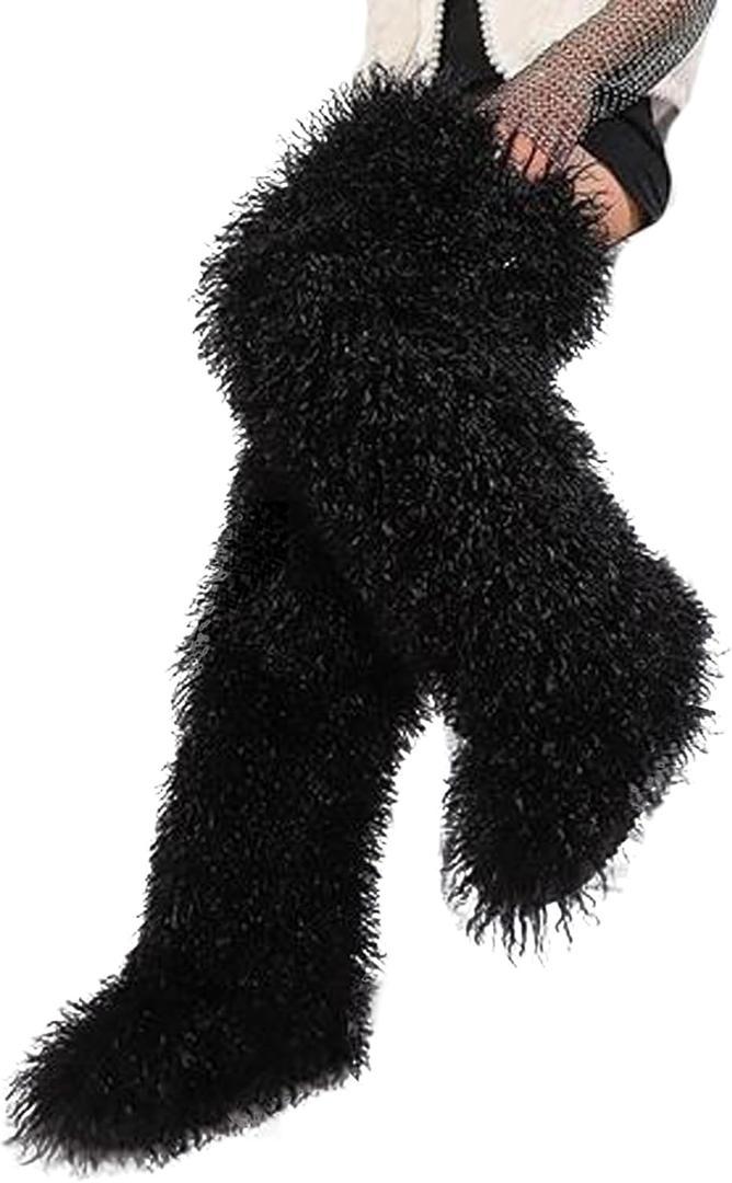 YXCFEWD Over the Knee Faux Fur Boots for Women 29 inchs Winter Thigh High Boots Fluffy Furry Snow Boots (8 Wide, Black)