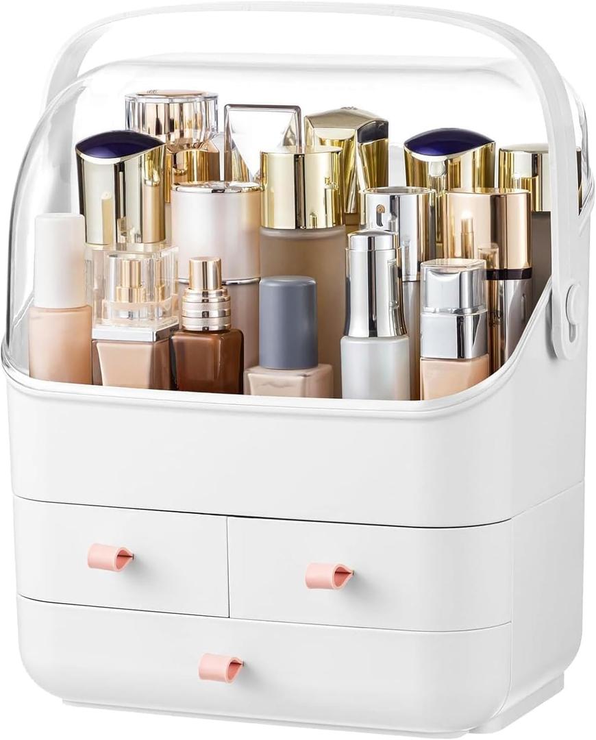 HBlife Makeup Organizer, Waterproof & Dustproof Cosmetic Storage, Fully Open Lid Makeup Display Box, Skincare Organizer for Bathroom Countertop Vanity, White