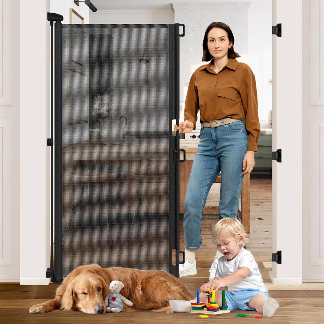65 Extra Tall Dog Gates for Doorways 55 Wide Retractable Baby Gates for Dogs Mesh Baby Gate Retractable Dog Gate Outdoor Gates for Decks Extra Tall Pet Gate Indoor Cat Door for Exterior Door, Black