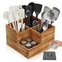 Yofidra Kitchen Utensil Holder with Stone Drying Mats, 4 Compartments Corner Utensil Holder for Kitchen Countertop, Extra Large Silverware Organizer (Wood Color)