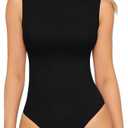 MANGOPOP Tank Top Bodysuit for Women Double Lined Thong Mock Turtle Neck Sleeveless Sexy Body Suit S