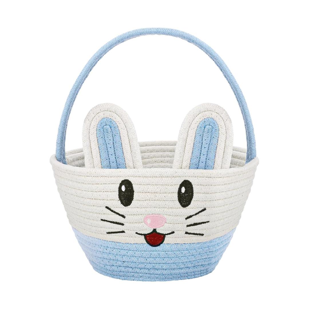 Personalized Easter Baskets for Kids Blue Woven Easter Bunny Basket with Rabbit Ears for Boys Baby Eggs Hunt Basket Stuffers 9.8" x6.3" x5.9"