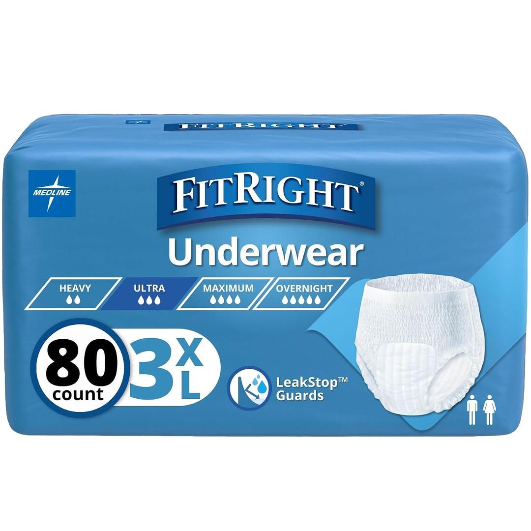 Medline FitRight Adult Incontinence Underwear, Heavy Absorbency, 3X-Large, 75"-94" Waist (20 Count, 4 Pack) (White, XXXL)