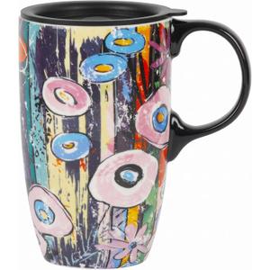 Topadorn Ceramic Travel Mugs Porcelain Latte Tea Cup Coffee Mug with Lid and Handle,17oz. Abstract Garden