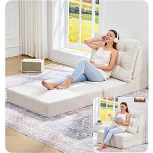 Hobestluk Sofa Couch Folding Sofa Bed Comfy Floor Lounger Convertible Sofa with Removable Cushion Couches for Small Spaces Foldable Mattress for Living Room Bedroom or Office (Chenille Beige, Large)