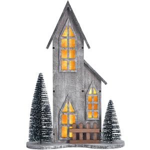 Wooden Christmas Village House with LED, Xmas Decor Indoor Tabletop Centerpiece with Tree, Lighted Christmas House Decor for Home Shelf Mantle, Winter Holiday Village Display (Style A)