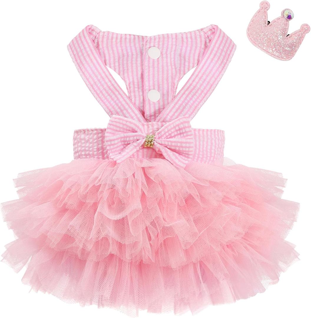 XXS Dog Clothes Girl, Female Dog Dresses for Small Dogs Girl, Pink Dog Tutu Dress, Sweet Puppy Princes Skirt with Dog Bowknot Clips, Spring Summer Pet Apparel for Toy Poodle Chihuahua Yorkie XXS
