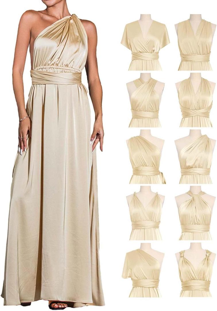 GORAIS Women Infinity Dress for Bridesmaid Long Evening Maxi Wrap Dresses Convertible Prom Wedding Gown (One Size, Champagne Gold)