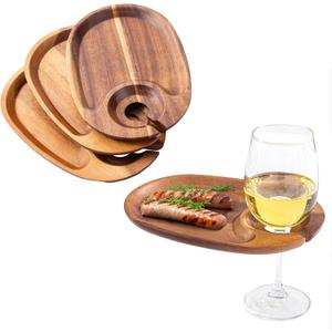Wine Appetizer Plates, Acacia Mini Cheese Boards with Built-in Glass Holder, Wood Individual Cocktail Charcuterie Plates, Serving Platters Boards for Gatherings, Entertaining, Set of 4