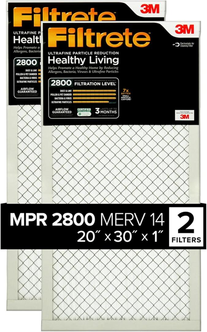 Filtrete 20x30x1 Air Filter, MPR 2800, MERV 14, Healthy Living Ultrafine Particle Reduction 3-Month Pleated 1-Inch Air Filters, 2 Filters (30x20x1)