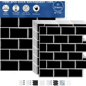 Peel and Stick Backsplash Tile for Kitchen Wall, 12” x 12” Stick On Backsplash 10-Sheet Pack Stick On Tiles for Kitchen or Bathroom with 3D Glass Tile Looks