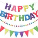 Pre-Strung Happy Birthday Banner & Felt Garland Set - Pastel Birthday Decorations for Women Girls | Reusable Party Supplies for Indoor & Outdoor