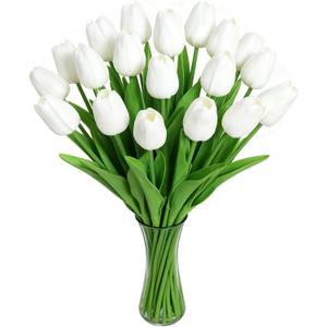 White Faux Tulips Real Touch (20 Pcs) - 13.5 Inch Premium PU Artificial Flowers for Valentine's Day, Spring & Easter Home Decor, Wedding Bouquet