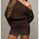 MakeMeChic Women's Off The Shoulder Dress Ruched Long Sleeve Party Bodycon Mini Dresses Coffee Brown Small (Brown, S)