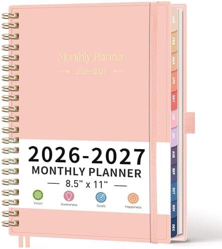 RETTACY 2026-2027 Monthly Planner, Jan 2026 - Dec 2027, Large Size (8.5" x 11"), Agenda, Calendar, 24 Month Tabs, Flexible Plastic Cover, 100 GSM Thick Paper, Spiral-bound (Pink)