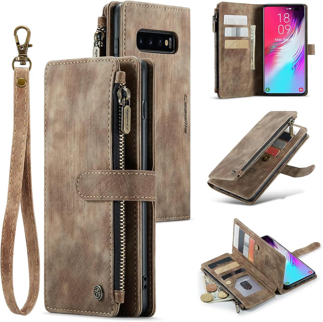 UEEBAI Wallet Case for Samsung Galaxy S10 Plus, Premium Handmade PU Leather Phone Case Card Slots Magnetic Closure Zipper Pocket Kickstand Flip Case with Hand Strap - Vintage Brown