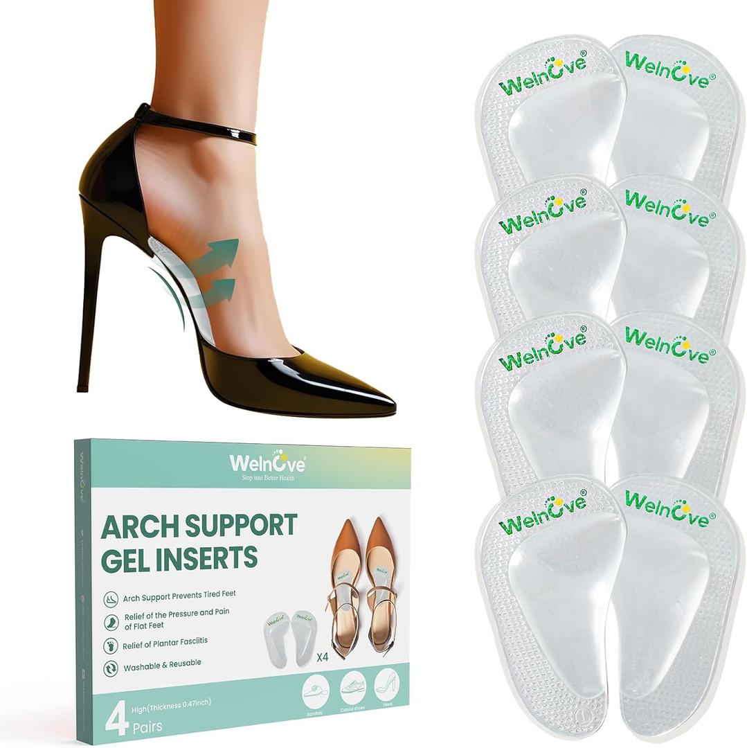 Arch Support Inserts Flat Feet - Welnove 4-Pair Gel Arch Support Insoles for Plantar Fasciitis, Foot Pain Fatigue Relief - Soft Heel Pads Adhesive Fit Most Shoes, Men Women, 0.47" Height (Clear)