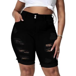 Womens Plus Size Jean Shorts Stretchy High Waisted Ripped Roll Hem Denim Bermuda Shorts 10" Inseam (Black-063), Size 16W