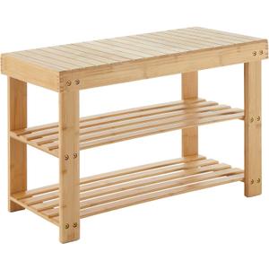 DUMOS Shoe Rack Bench with Storage, 3-Tier Bamboo Entryway Benches, Wooden Shoe Rack Holds Up to 286 lb Storage Organizer, Suitable for Bedroom Living Room Balcony, Classical Wood, 27 inches