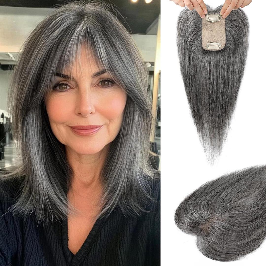Flufymooz Real Human Hair Toppers for women, 10 Inch Clip in Bangs 100 Human Hair Toppers for Thinning Hair, Cover Hairpiece with 150% Density Silk Base-Silver Gray With Brown Mixed