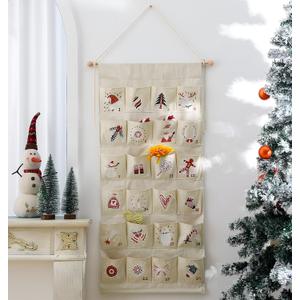 MONOBLANKS Fabric Christmas Advent Calendar with Pockets,Reusable Natural 24 Days Countdown Advent Calendar Hanging Storage Bag for Xmas Holiday Home Wall Decoration (Christmas A)
