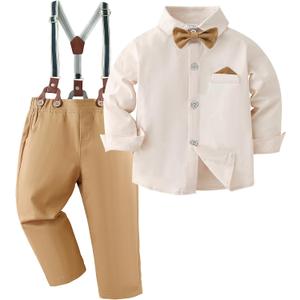 DISAUR Boy Suits Boys Wedding Outfit Dress Shirt with Bowtie/Suspender Pants for Formal Occasion (8-9 Years, Beige)