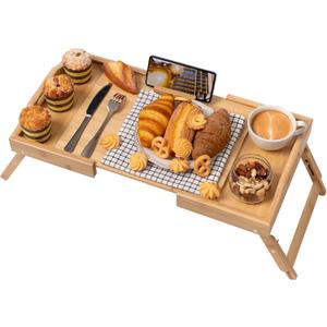 Lavievert Expandable & Height Adjustable Bed Tray Table with 360 Rotating Phone Holder, Bamboo Breakfast Food Serving Tray, Portable Laptop Desk Snack Platter with Handles & Foldable Legs for Bedroom