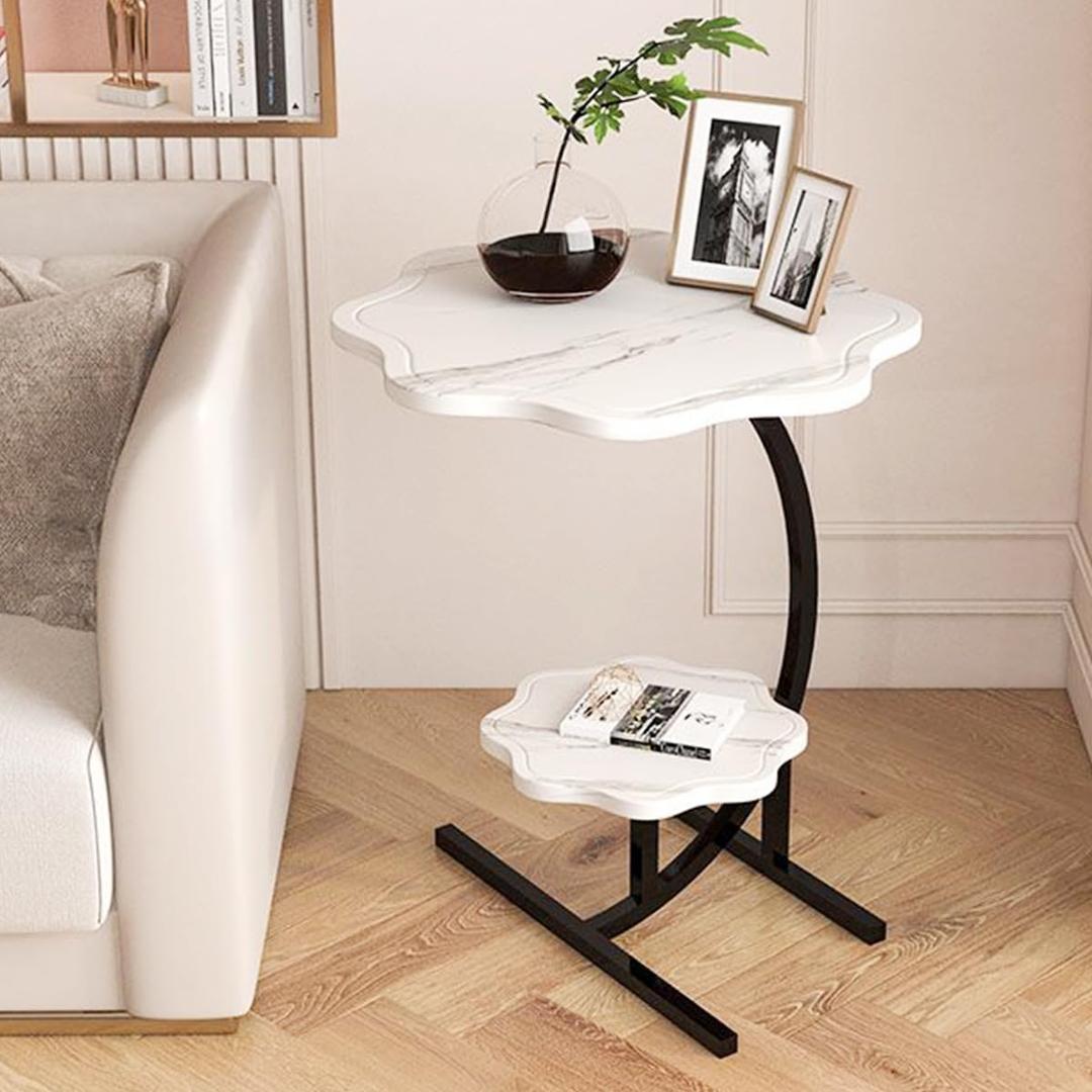 2 Layers Flower Shape Marble Texture Small C-Shaped SideTable,Snack Side Table, End Table for Sofa Side Table,Bedside Table for Living Room Kitchen Garden Bedroom