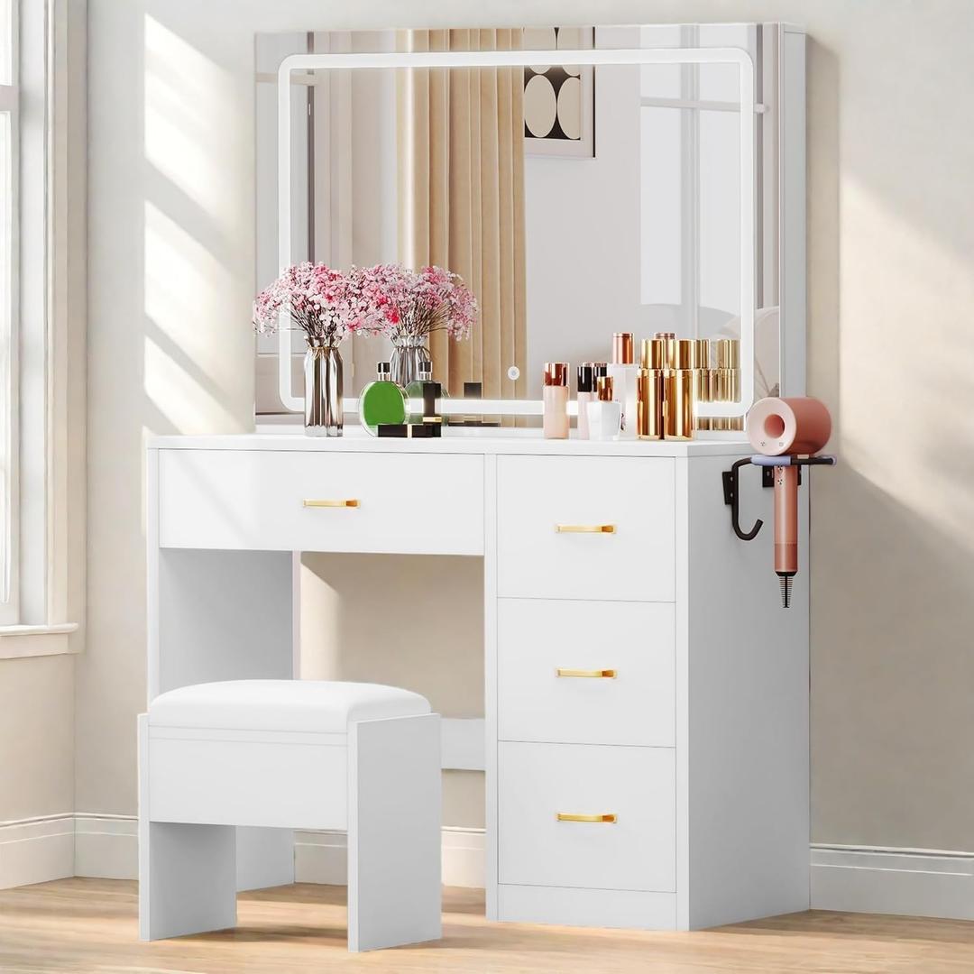 DWVO Dressing Table with Cushioned Stool, Ivory White