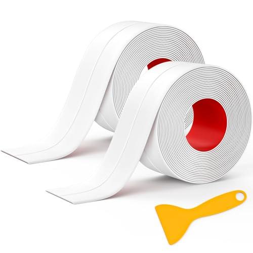 Mokani Caulk Tape Waterproof Self Adhesive, White Caulking Sealant Strip for Kitchen, Countertop, Bathroom, Sink, Bathtub, Toilet, Floor Wall Edge Protector with Sealing Tool (1.5" x 10.5Ft)