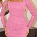 MOEENCN Women Mesh Dress Sparkly Long Sleeve Square Collar Pleated Bodycon Dresses Party Night Club Outfits (Pink, S)